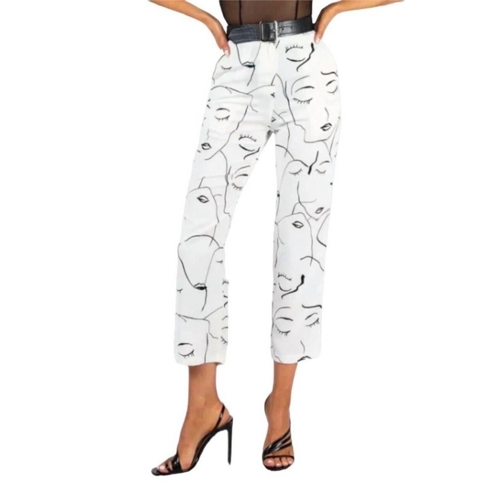 Princess Polly Zavia Pants, Abstract Face Print, Ankle Length, sz 2